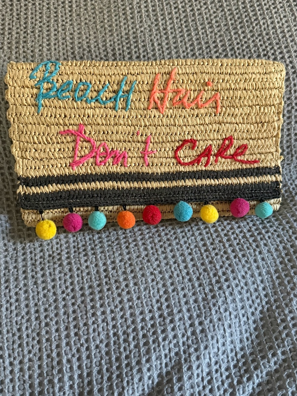 Rebecca Minkoff Straw Clutch with Multicolor Pom Poms and Embroidery